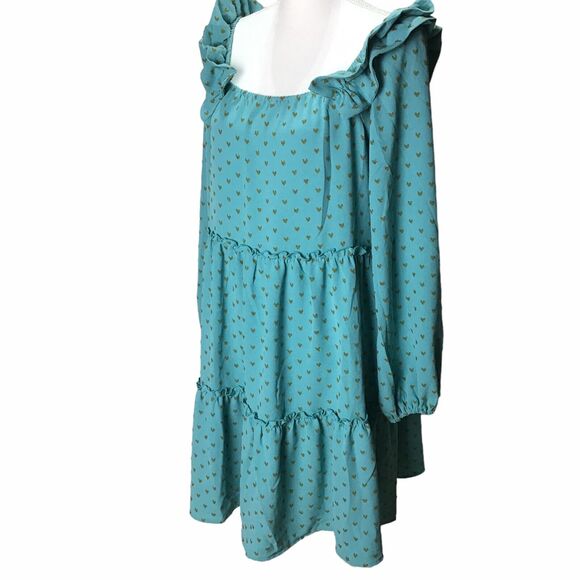 J.O.A. Women’s Size Medium Teal Ruffle Tiered Mini Dress Long Sleeve Style 15062 - Picture 9 of 16
